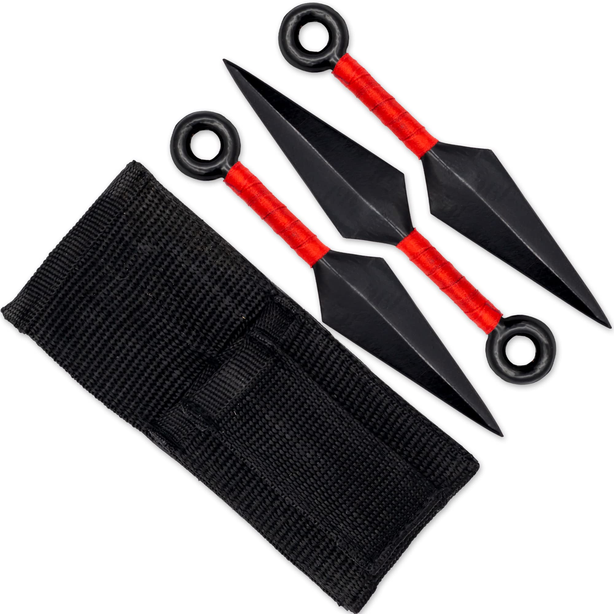 Armory Replicas - Set of Three Ninja Inspired Black Cast Metal Kunai Knife - Collectible Anime Replica Throwing Knives w/Wrapped Red Ribbon Handle