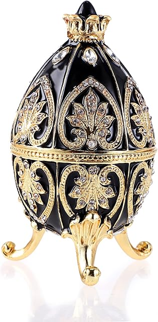 SUMTree Enameled Faberge Egg, Decorative Hinged Jewelry Trinket Box with Sparkling Rhinestones, Unique Gift/ Ornament for Home Dresser Birthday Party, Black