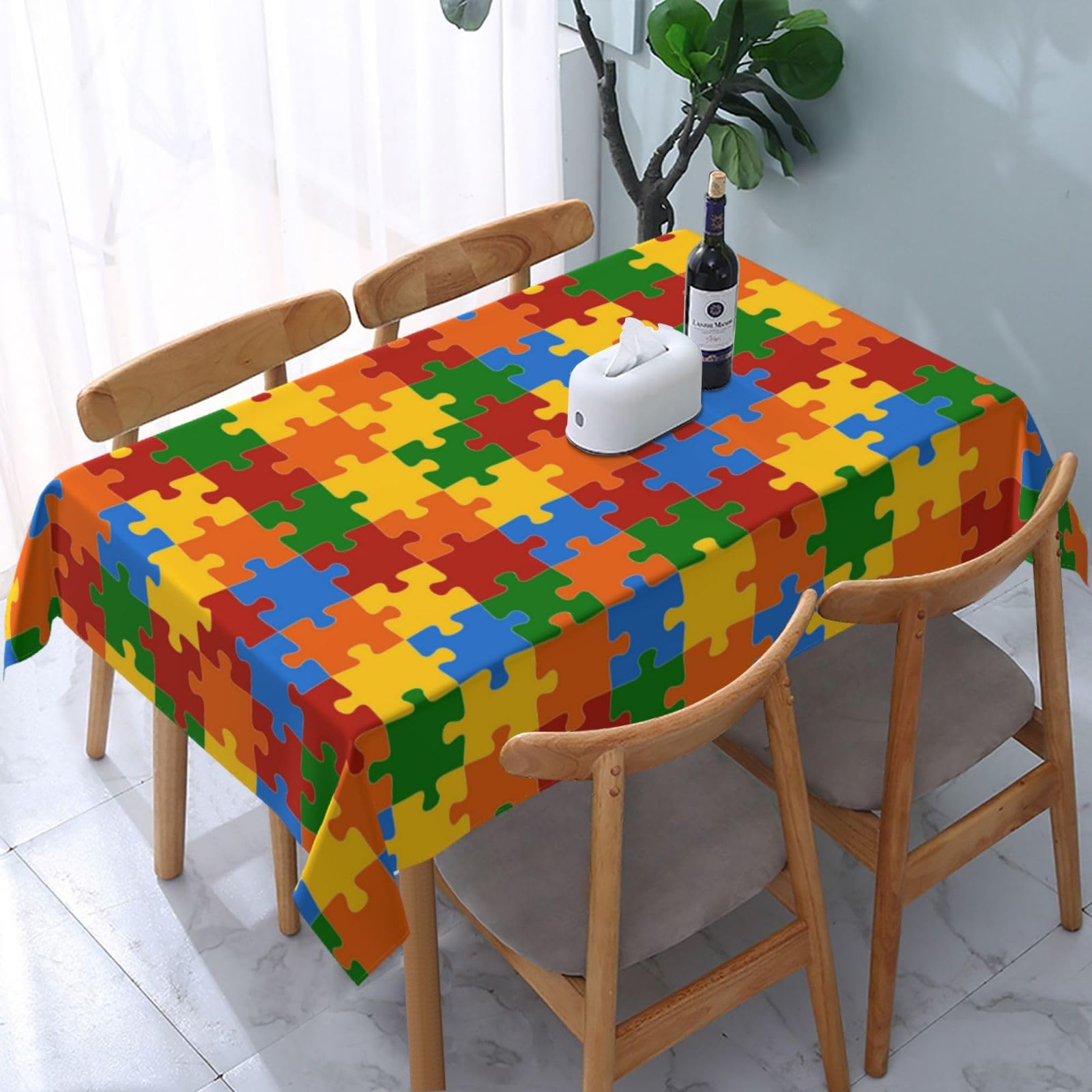 JunHeArt Autism Awareness Pattern Tablecloth Rectangle Table Cover Washable Table Cloths Decor For Kitchen 54" X 72"