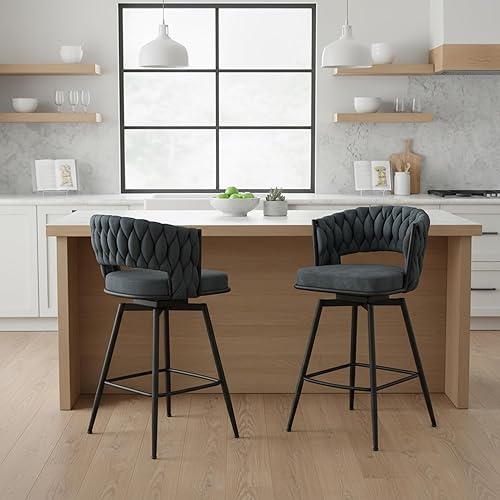 Miniatura 6 de Juego de 2 taburetes de bar giratorios de tela de gamuza con giro de 360, base de metal y reposapiés, respaldo tejido tapizado para comedor, mesa de