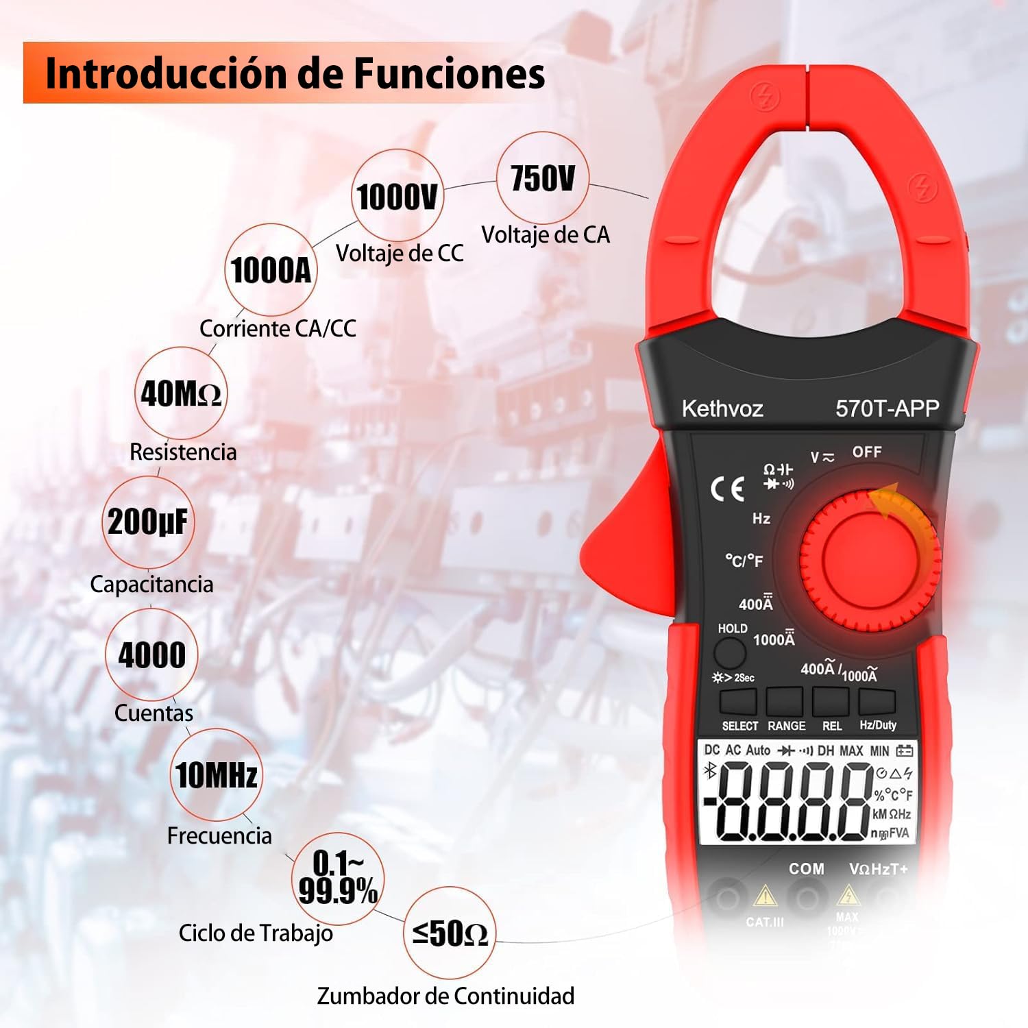 Produktbild von Kethvoz KE-570T-APP Bluetooth-Strommesszange – 4000 Counts, Auto Range, Mit Thermoelement, Für Gleich-/Wechselstrom Bis 1000A