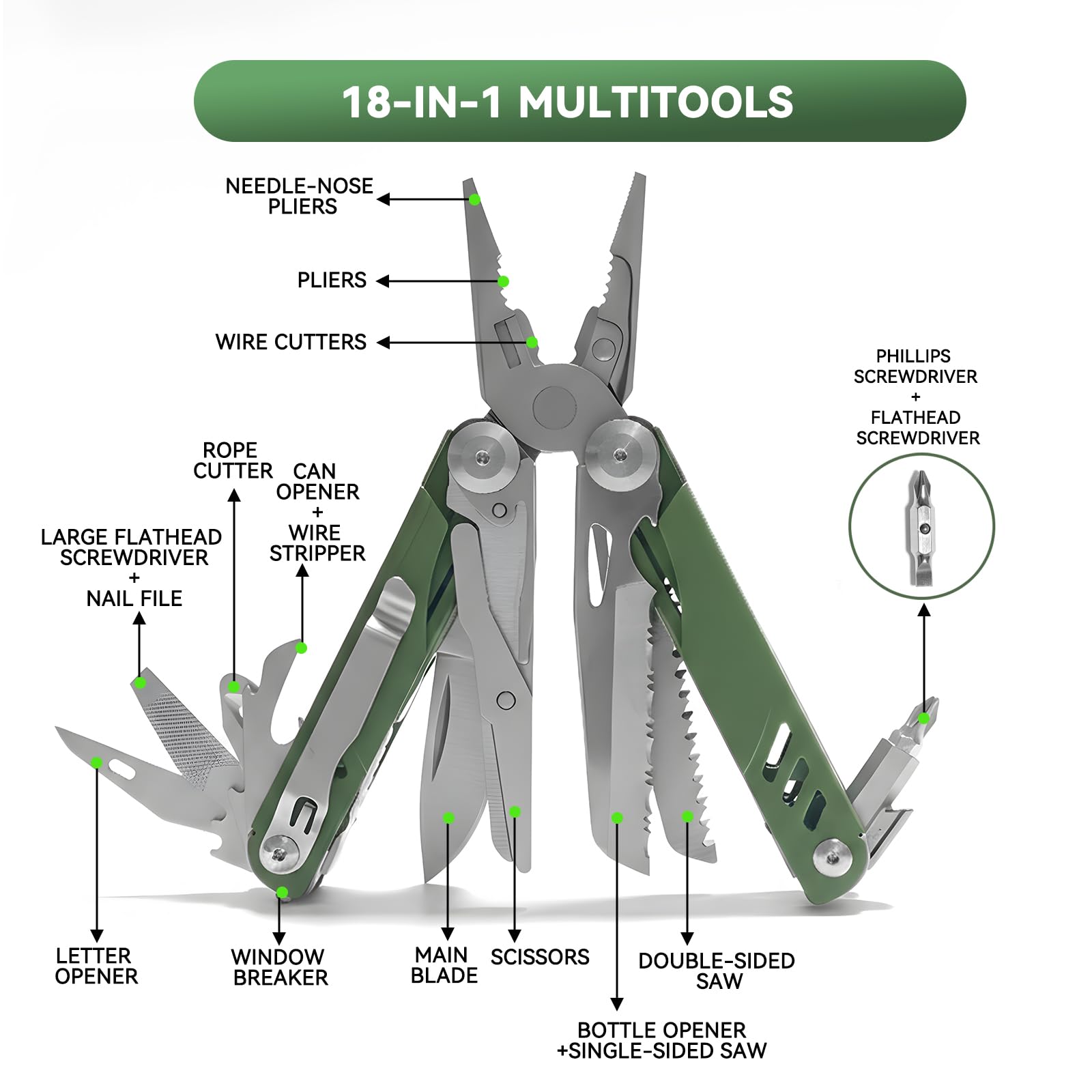 Multitarea 18 en 1 con cuchillo: herramienta multifuncional de acero inoxidable para uso diario (EDC)