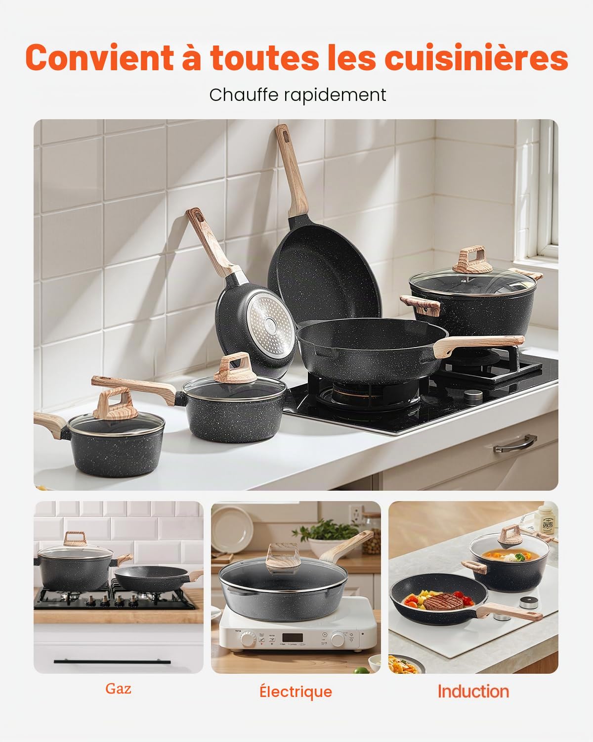 VEVOR Batterie de cuisine, 17 pcs, ensemble de casseroles et poêles à induction avec revêtement anti-adhésif en granit, couvercles en verre trempé, avec friture, sauce, sauté, passe au gril, noir