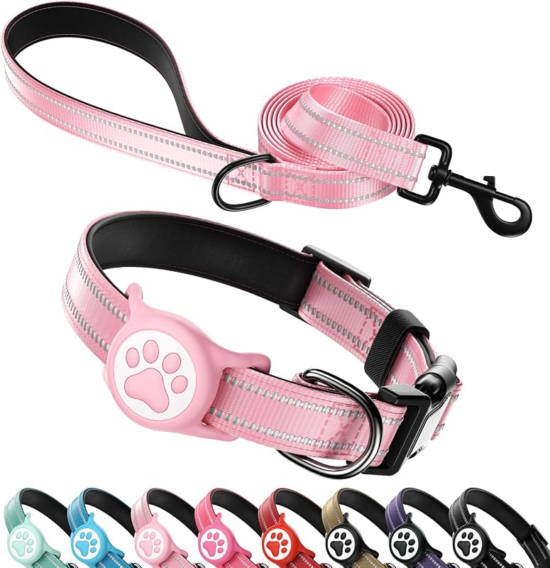 Coleira para Cães com Guia, AirTag e Faixas Refletivas em Nylon Acolchoado WhoseID Rosa Tamanho S