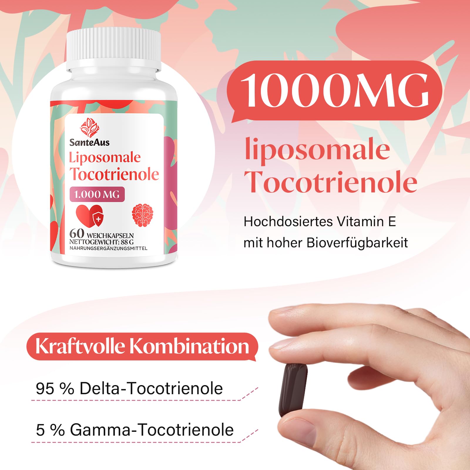 Liposomale Tocotrienole 1000 mg – Vitamin E Kapseln hochdosiert ohne Soja – Tocotrienol Vitamin E Komplex, tocopherolfrei – Antioxidativer Zellschutz – 60 Softgels