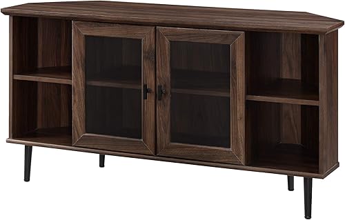 Miniatura 5 de Walker Edison Moderno soporte universal de esquina de madera para TV con estantes abiertos, puertas de gabinete de vidrio, almacenamiento para