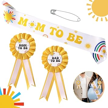 Here the Son Baby Shower Decorations, Mom to be Sash Mommy to be Sash Dad to Be Corsage Pin, Here the Sun Baby Shower Sash Sunshine Decorations
