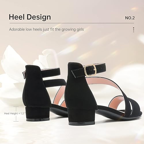 Miniatura 5 de Sandalias para niñas con tacón para niños con punta abierta y correa de tobillo, zapatos de vestir con flores para bodas y fiestas para niños