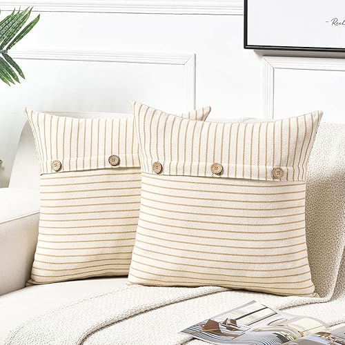 Fancy Homi Paquete de 2 fundas de almohada decorativas de color marrón rústico de 16 x 16 pulgadas con tres botones para sofá, cama, sala de estar,