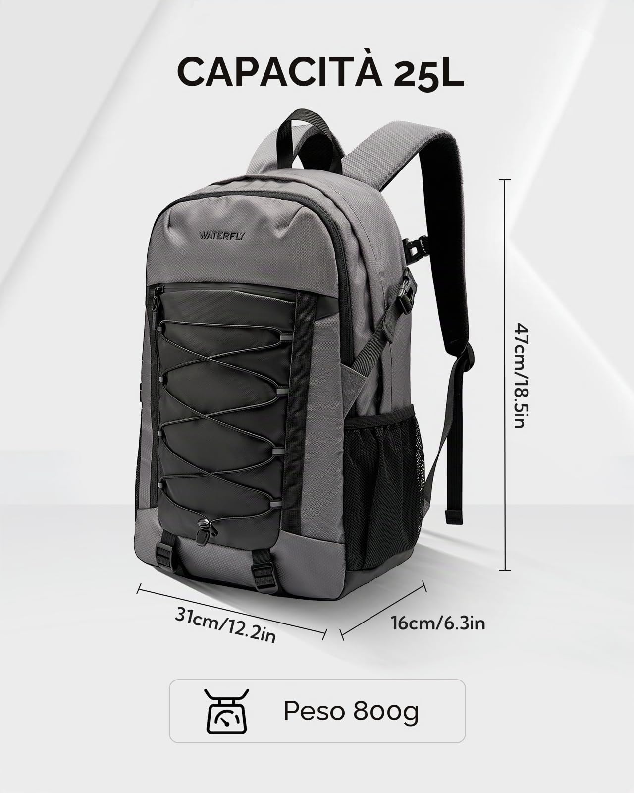 WATERFLY Zaino da trekking da uomo e da donna, 25 l, zaino da trekking leggero, zaino da esterno con fibbia rimovibile sul petto per escursioni, viaggi, campeggio