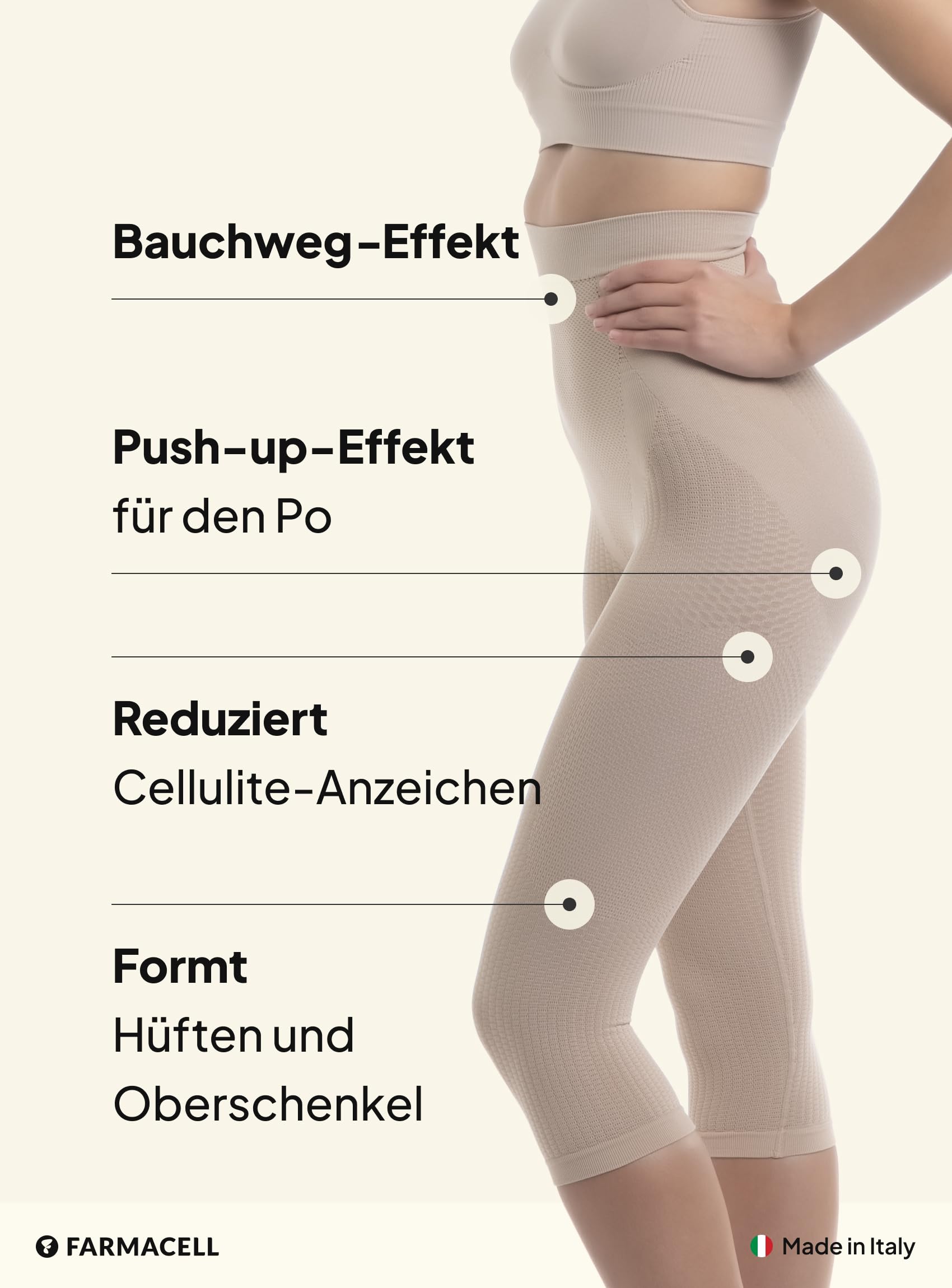 FarmaCell Anti-Cellulite Leggings Damen 3/4, Bauchweg, Push-Up-Po Hose, Made in Italy, 323
