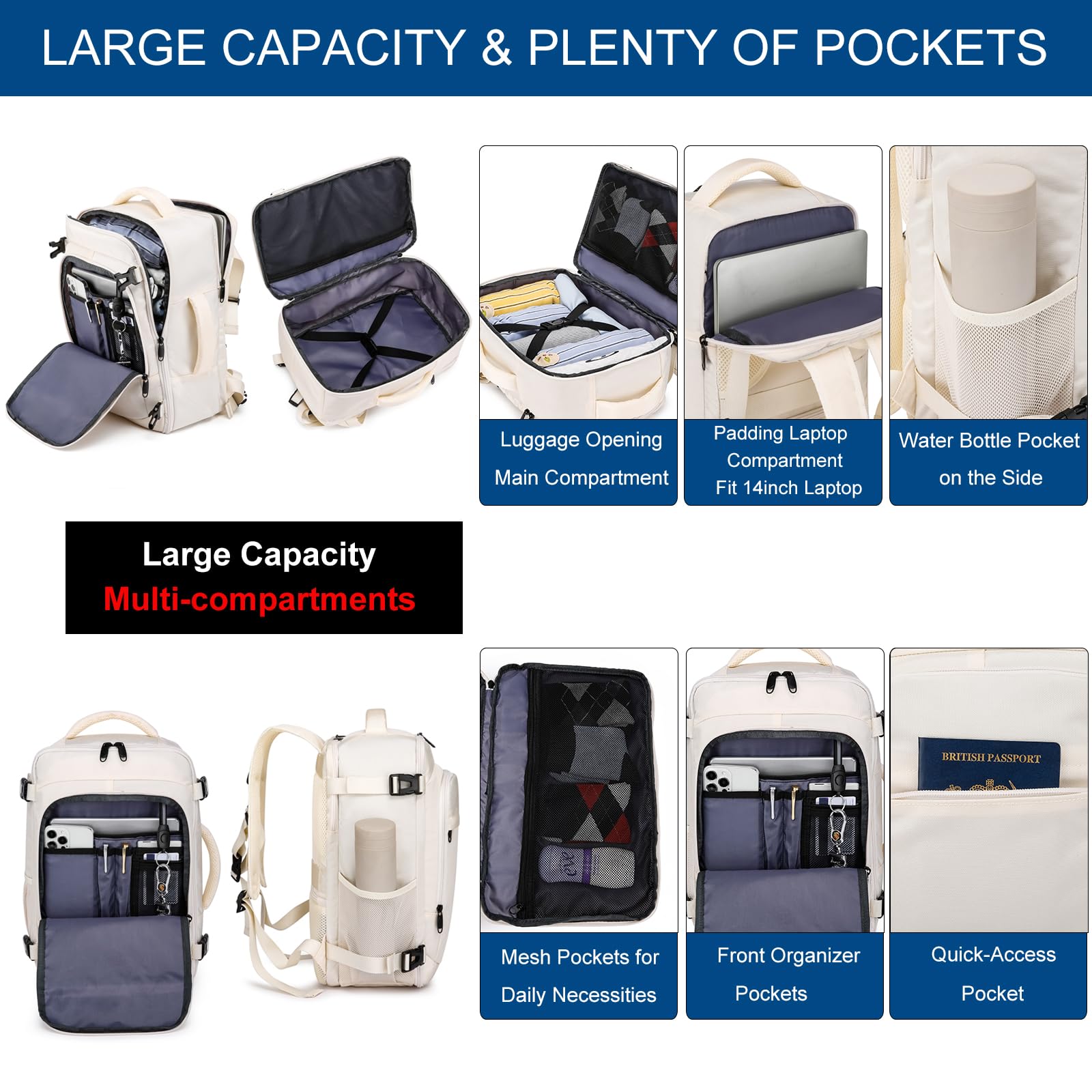 ENZOSUM Zaino Ryanair 40x20x25 Zaino da Viaggio Aereo Bagaglio a Mano Borsa da Viaggio Zaino Donna per Aereo Zaini da Viaggio Zaino Antifurto Piccolo Borsone da Cabina per Scuola Lavoro,Beige