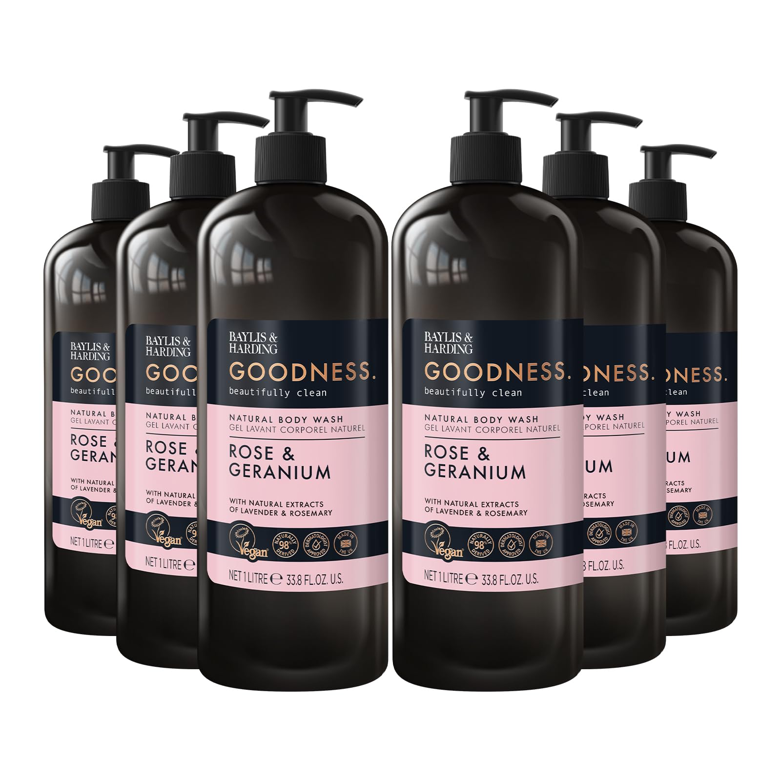 Baylis & Harding Goodness Rose & Geranium Natural Body Wash 1 Litre (Pack of 6) - Vegan Friendly