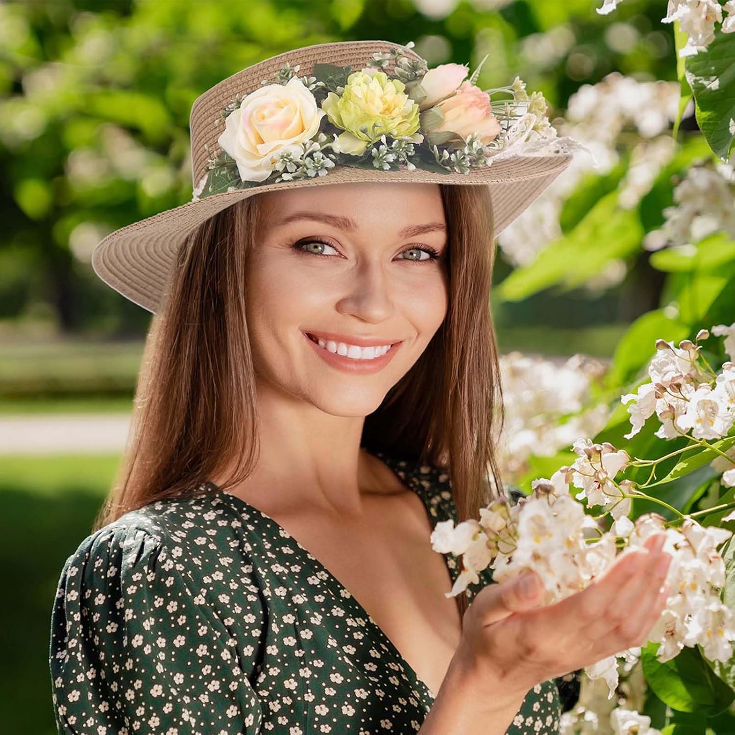 Women Straw Panama Hat Travel Beach Sun Hat Flower Decor sual Hat Flat-Topped Top Travel for Sun Brim Summer UV Hat image 3