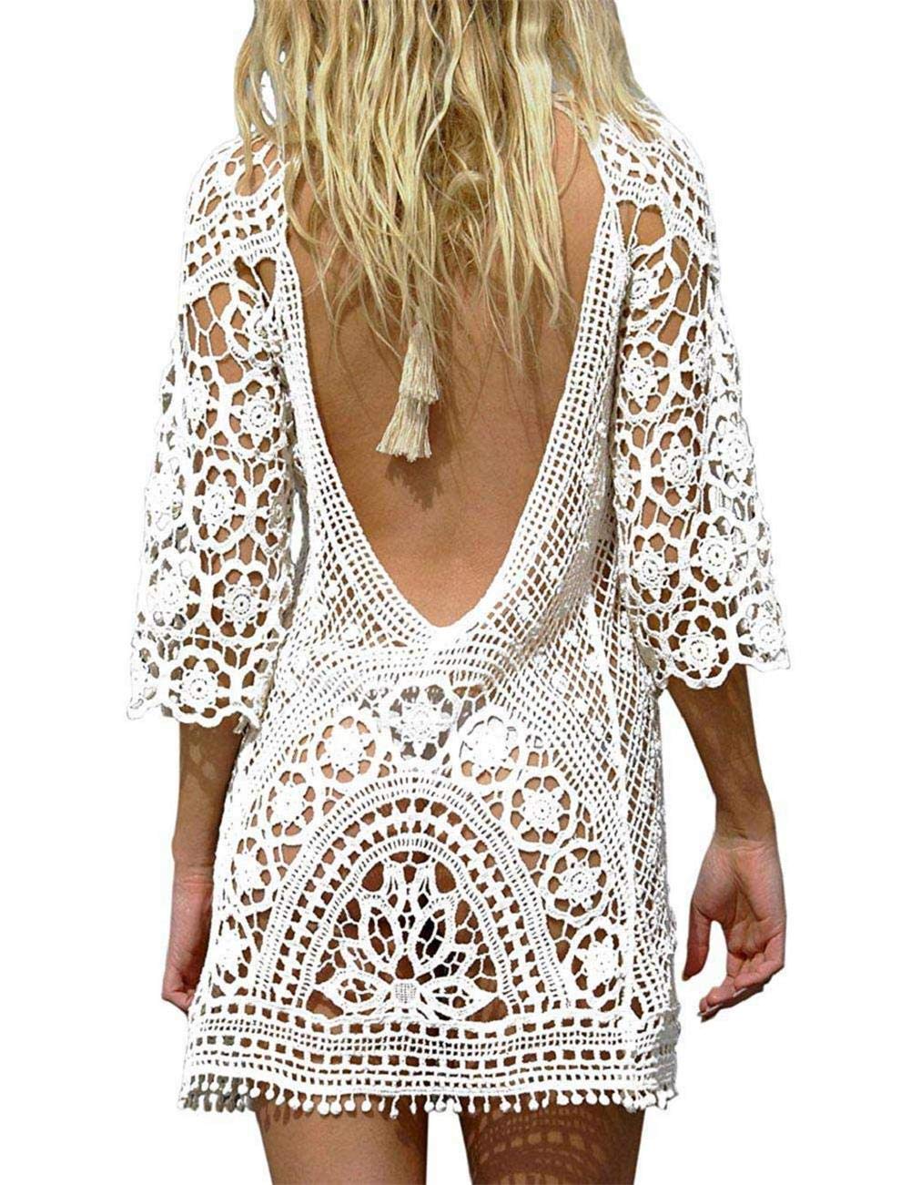 heekpek Mujer Pareos Playa Traje de Baño Vestido de la Playa Bikini Cover up Camisola de Playa Larga Mangas V-Cuello Hueco Borlas Vestido de Kaftan Crochet Pareos