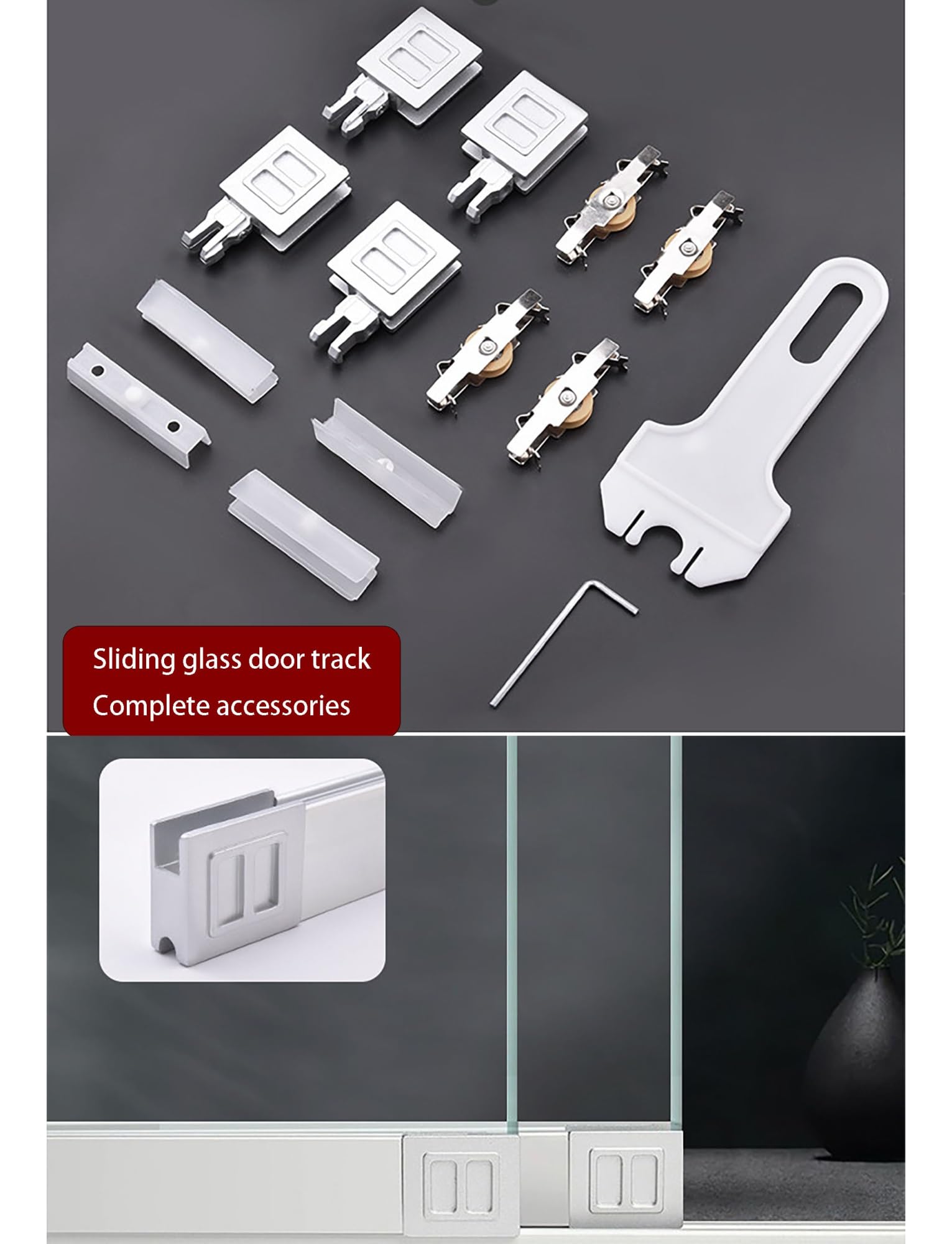 Kit Riel Puerta Corredera Cristal 8 mm Aluminio – Doble Riel Silencioso, Sin Taladro, para Vitrinas, Armarios, Expositores(Black,118.1in/300cm)