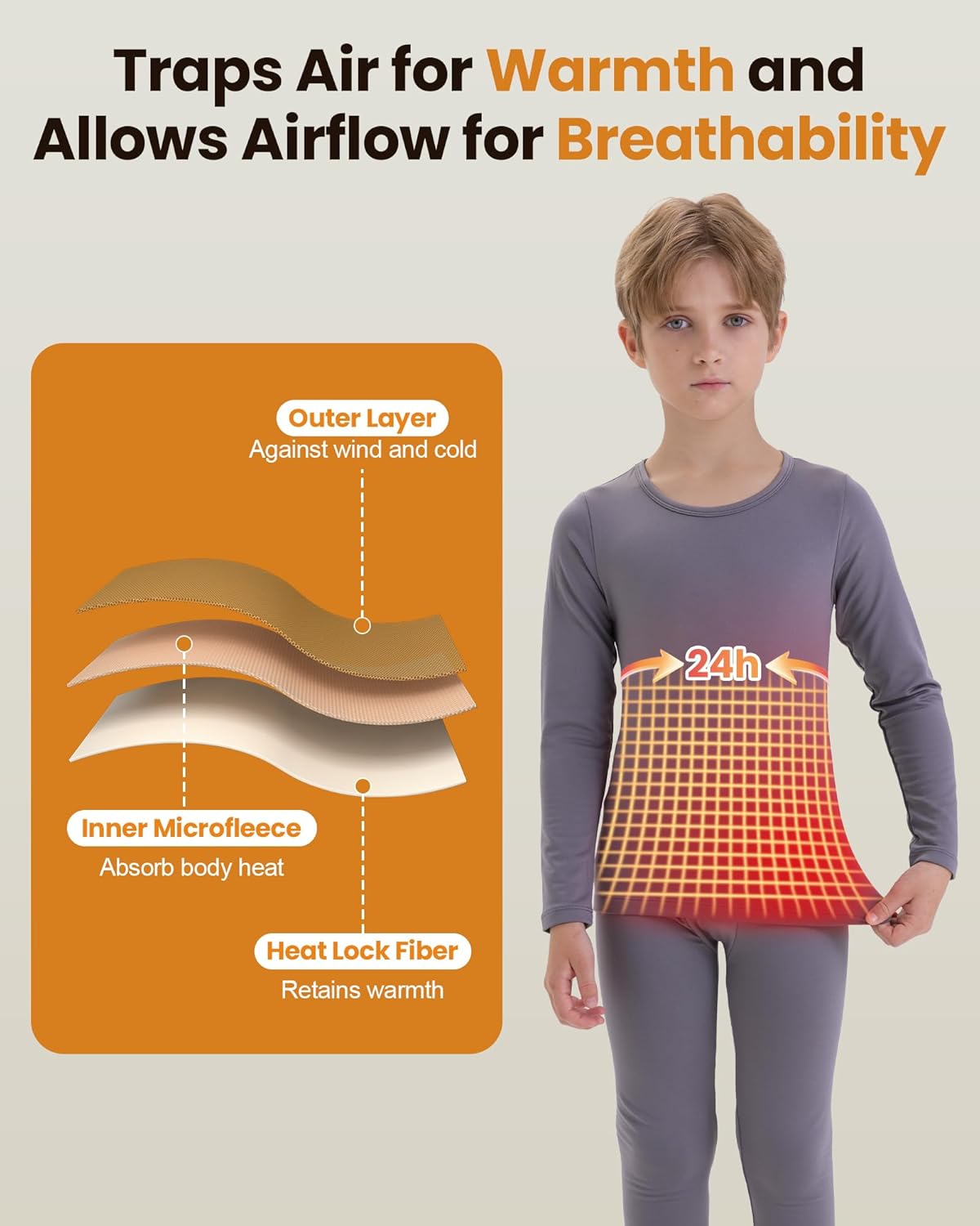 Thermal Underwear for Kids Long Johns, Boys Thermal Underwear Set for Skiing, Base Layer Long Underwear Boy Winter - Image 4