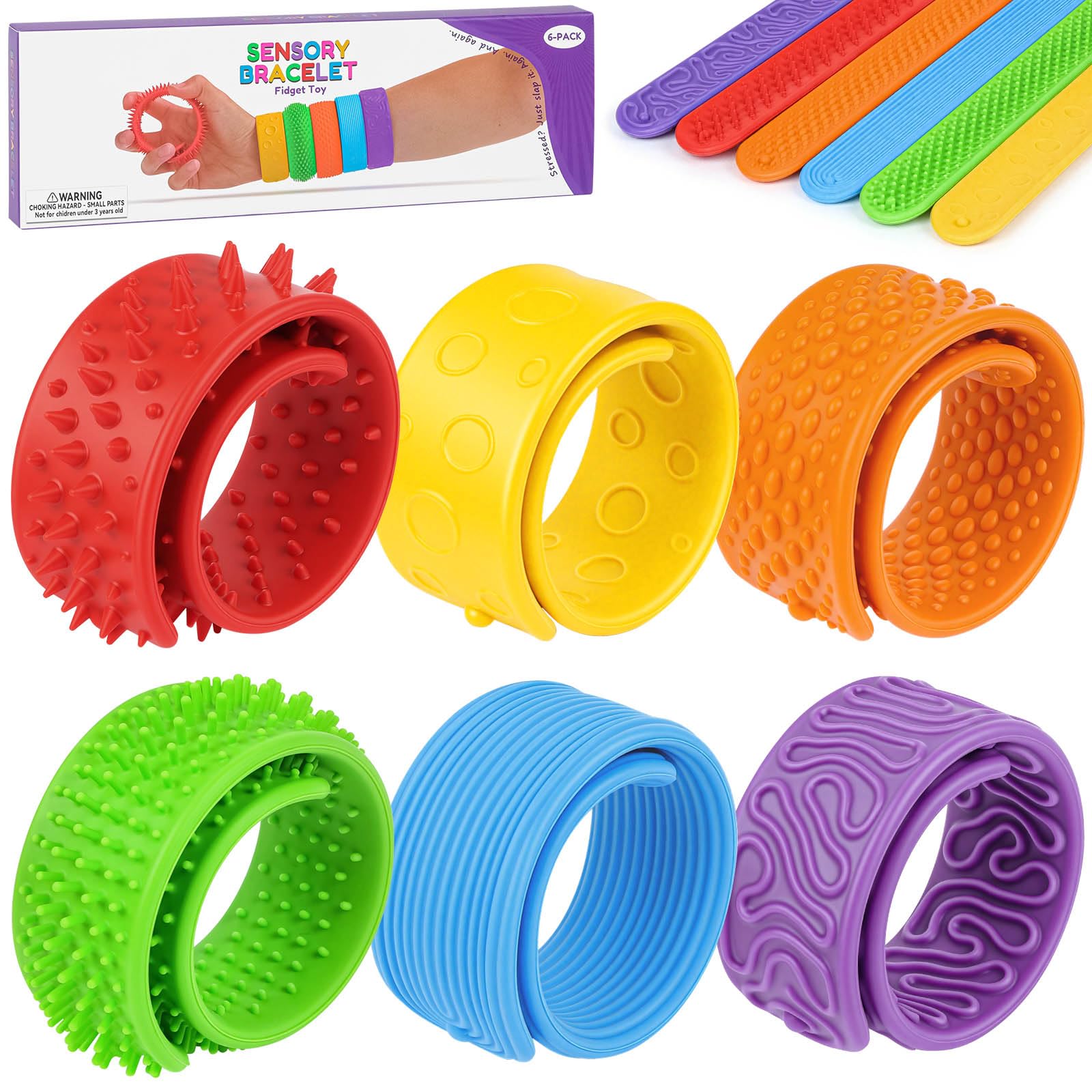 Ainiv 6 Pack Sensory Slap Bracelets, Soft Fidget Slap Bands for Stress Anxiety Relief, Silicone Textured Fidget Bracelets Tool for Classroom, Office, Travel Activities