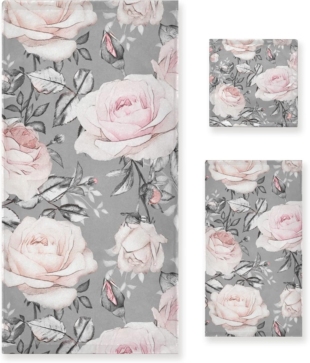 ALAZA Pink Flowers and Leaves on Gray Rose Floral Tile Towel Bathroom Sets 3 Piece Bath Towel Sets1 Bath Towel 1 Hand Towel 1 Washcloth Soft Luxury Absorbent Decorative Towels for Beach Gym Spa