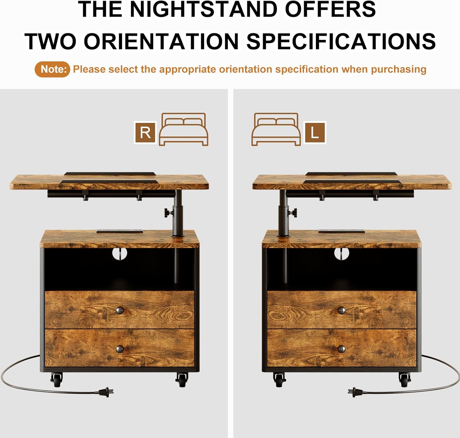 Bedroom Nightstand with Drawers & Charging Station, Adjustable Height Bedside Table with Wheels, Wooden Small Sofa Side Tables with Storage for Living Room, Rustic Brown