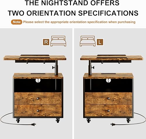 Miniatura 5 de Mesita de noche para dormitorio con cajones y estación de carga, mesa auxiliar ajustable con ruedas, mesas auxiliares pequeñas de sofá de madera con