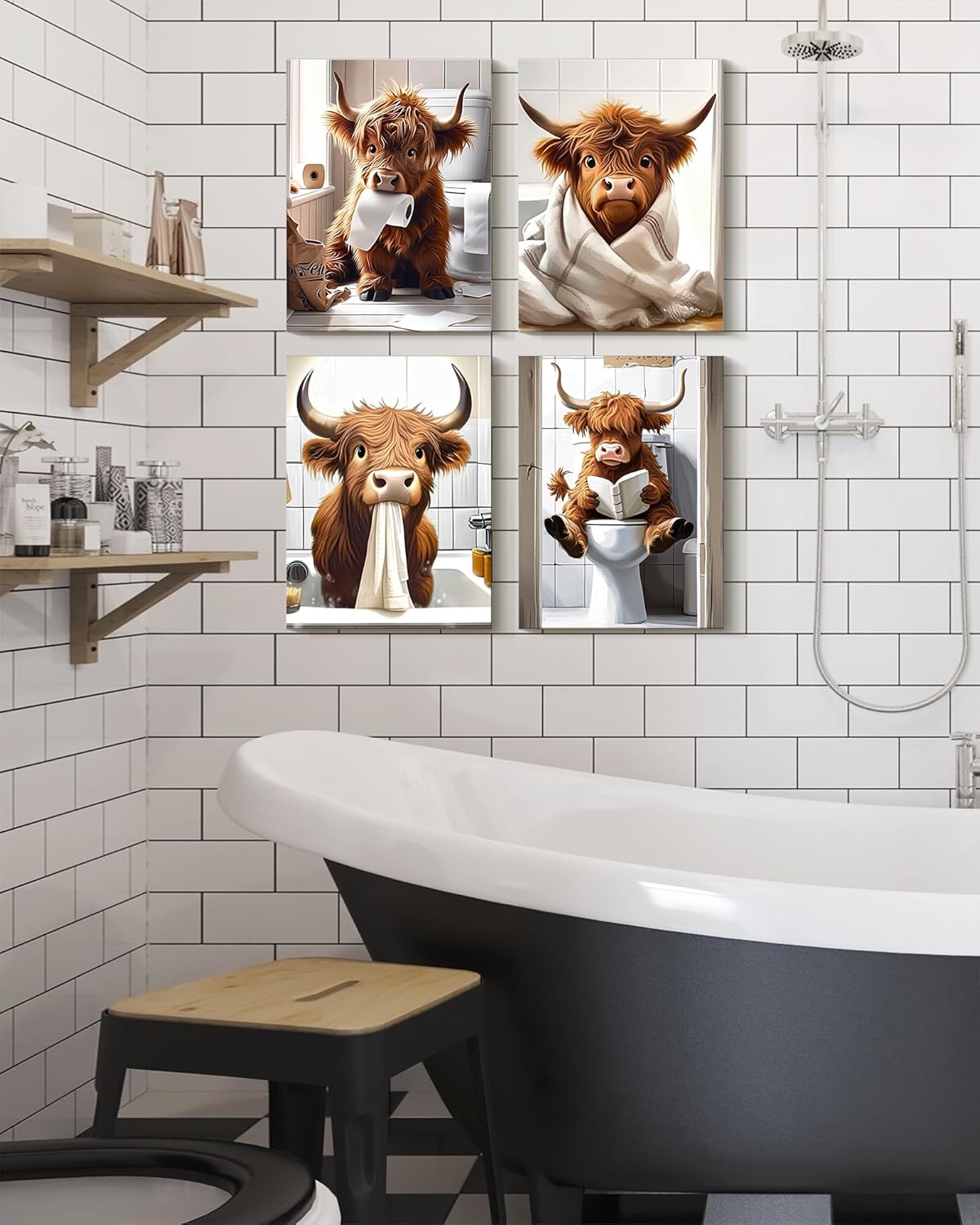 Drsoum Cute Highland Cow Bathroom Framed Wall Art Funny Animal Rustic Canvas Prints for Bathroom Restroom Decor 12x16in (Framed)