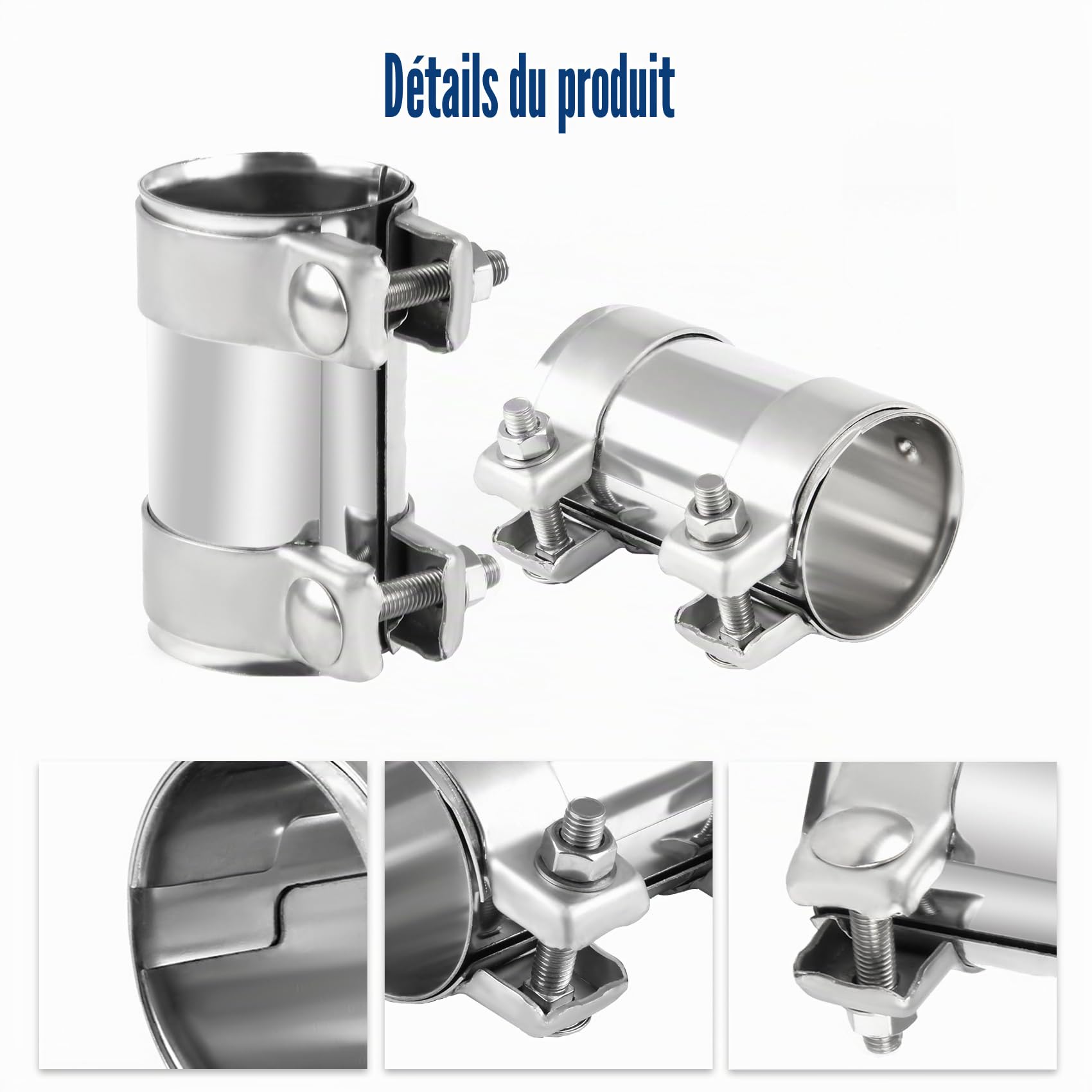 DOCAS Ø 64 mm x 95 mm longueur Collier inoxydable d'échappement de Universal,Collier de Serrage Double pour Raccords de Pot D'échappement(2 pièces)