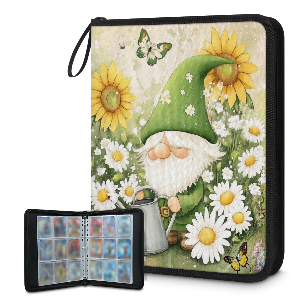 9-kieszeniowy segregator na karty kolekcjonerskie mieści 900 kart z 50 zdejmowanymi dwustronnymi rękawami, album na karty sportowe, kompatybilny z kartami do gier TCG MTG (Spring Daisy Gnome)