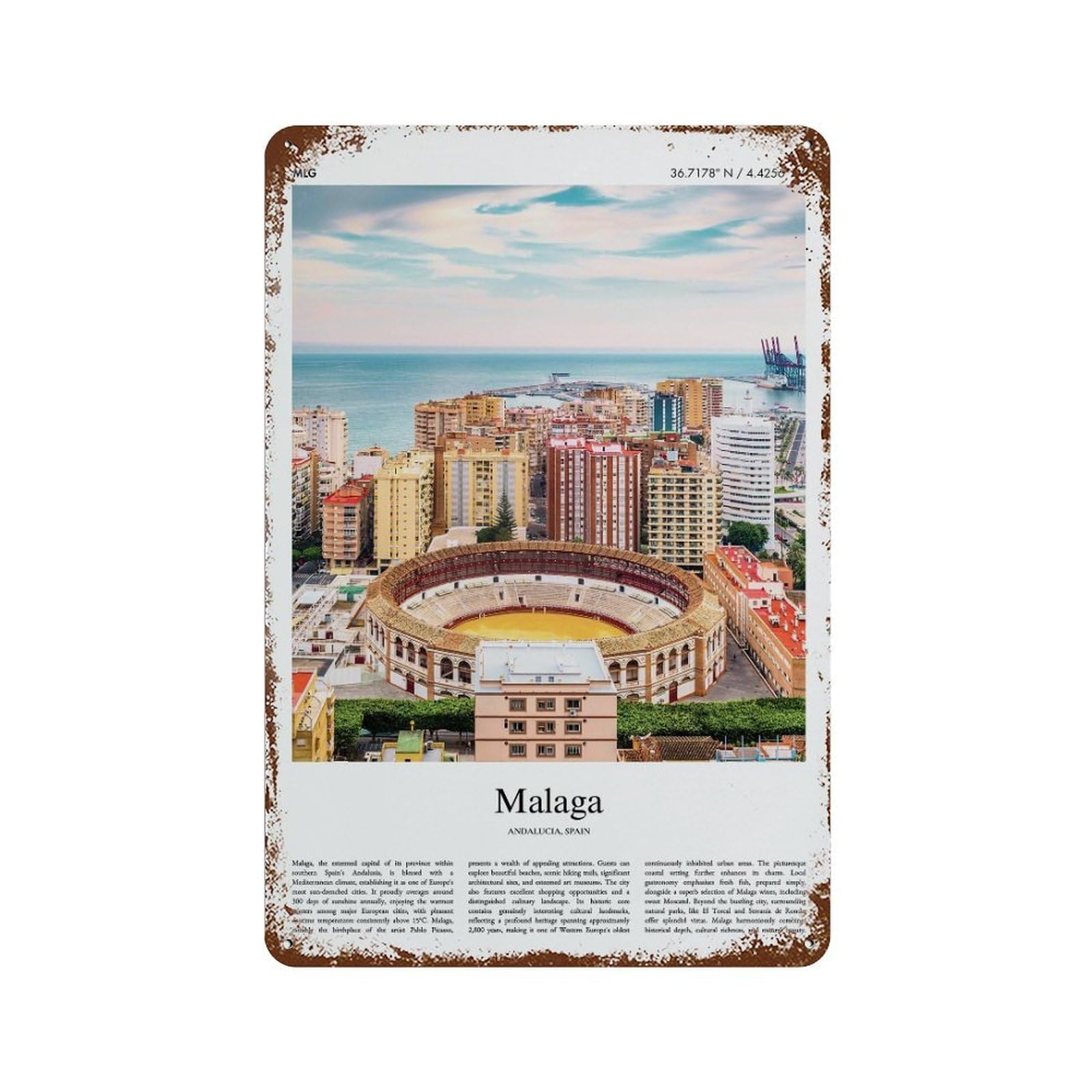 xiaoxiaoshen Malaga Andalucia, Spain City Scenery Wall Decor Art Metal Tin Poster Modern Home Decor Art Home Bar Shop Decorations Vintage Sign 30x20cm