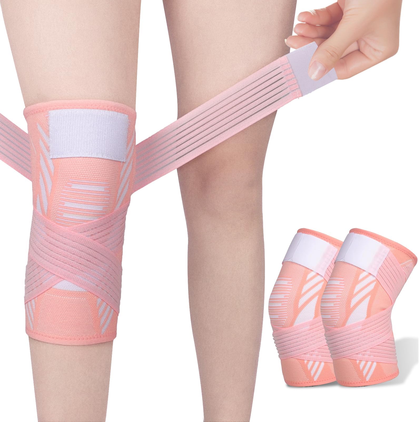 Knee Support Brace 2 Pack Compression Knee Sleeve with Straps for Women Men for Sports, Arthritis, Joint Pain, Ligament Injury, Meniscus Tear, ACL, MCL, Tendonitis (Pink, L)