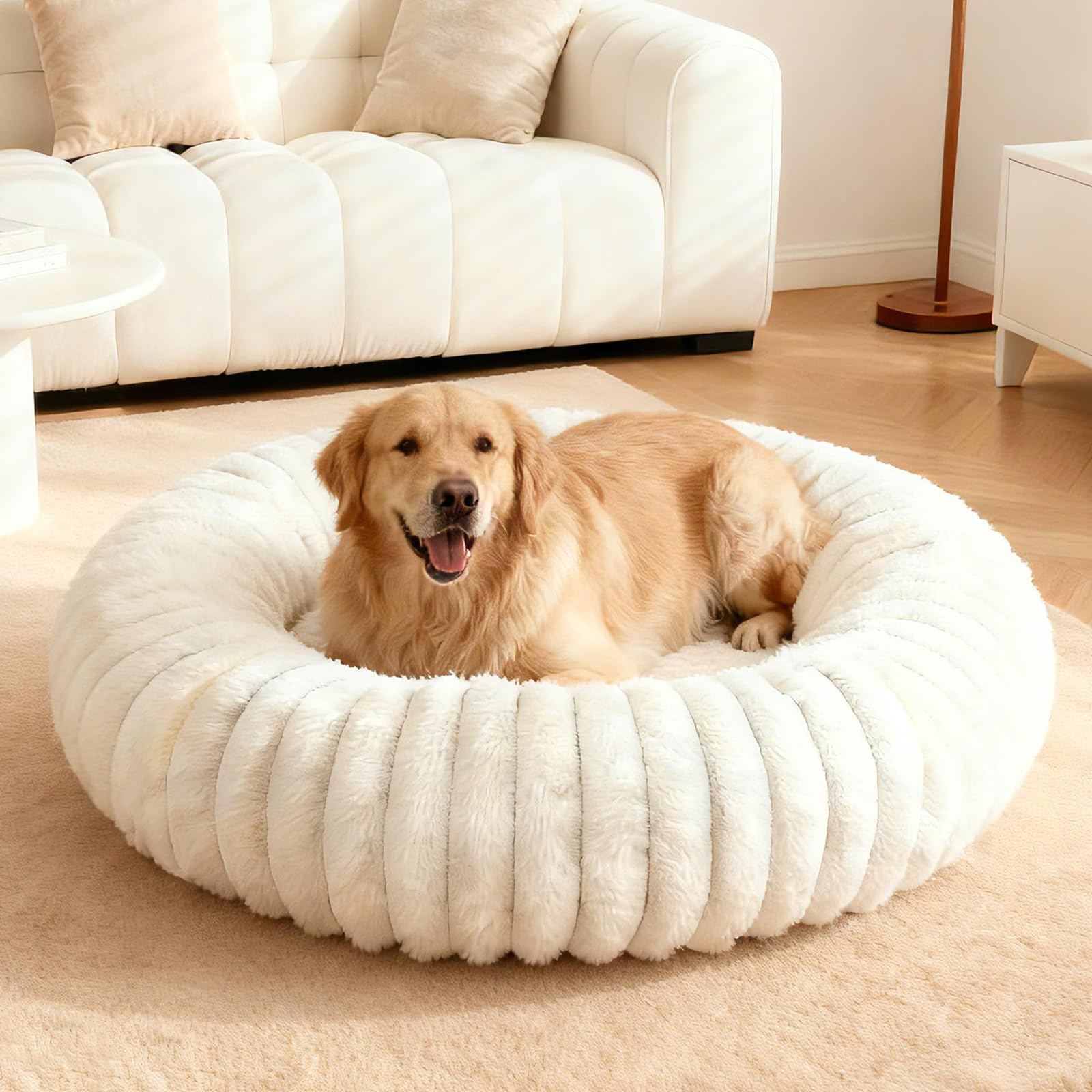 Calming Dount Dog Bed Plush Fluffy Round Cuddler, Machine Washable, Anti-Anxiety (Cream, L) — image 1