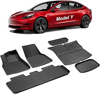 Spurtar for Tesla Model Y Floor Mats 2023 2022 2021 2020, 3D Car Floor Mats All Weather Waterproof, Full Set Anti-Slip Waterproof TPE Front & Rear Mat & Cargo Mat & Trunk Mat, 6PCS Black