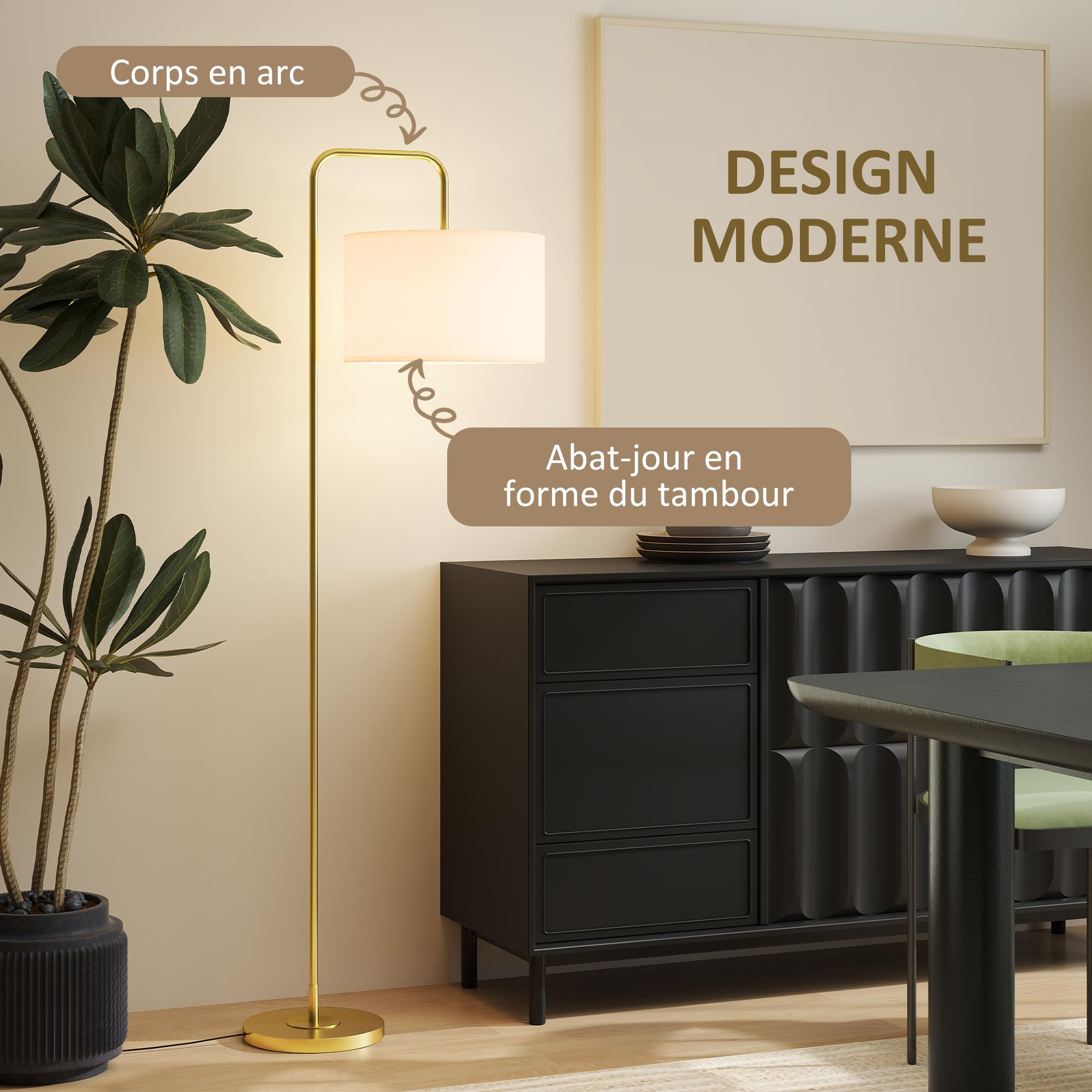 HOMCOM Lampadaire sur Pied Salon Abat-Jour Tissu Effet Lin Doré et Blanc