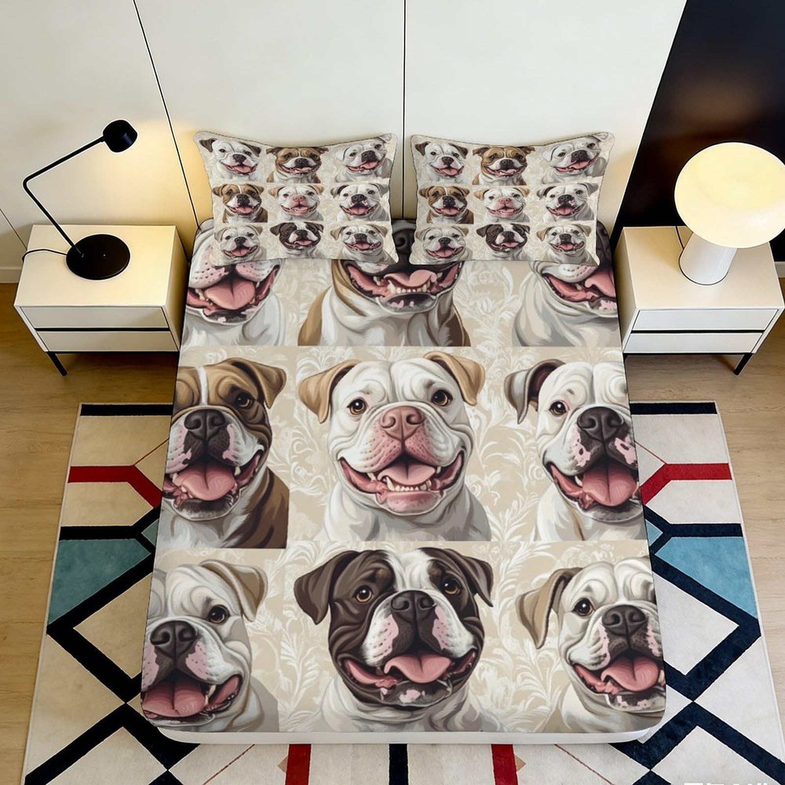 3D Printed Bulldog Dog Pattern Fitted Sheet Microfiber Soft Non-slip Mattress Cover for Bedroom Dorm Decor 160x200x25cm
