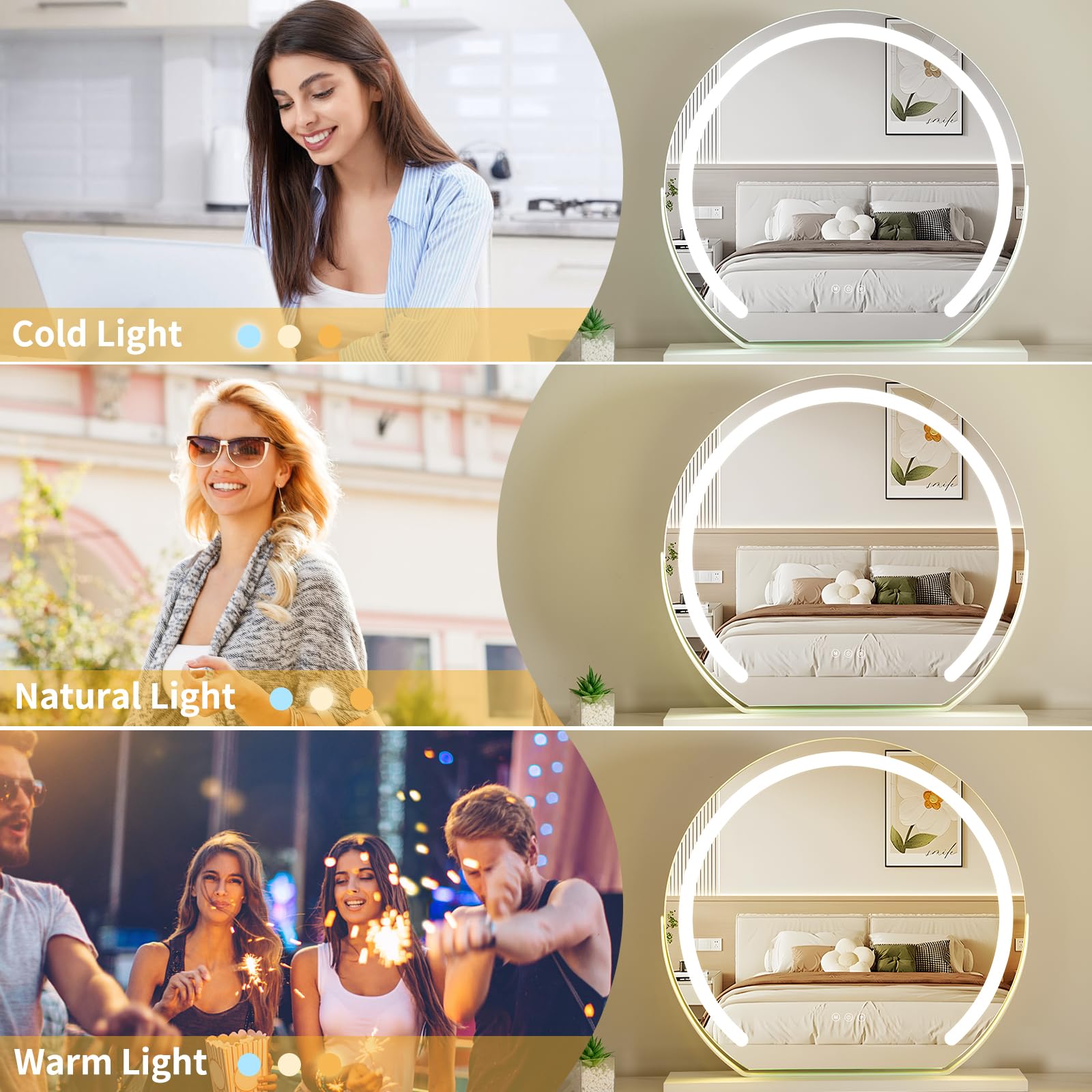 LED Kosmetikspiegel, 3-farbige Licht Verstellbare LED-Hollywood-Spiegel, 360-Grad-Dreh, Schlafzimmer, Kosmetik-Raum, Umkleideraum Touchscreen Dimmer, 60 cm