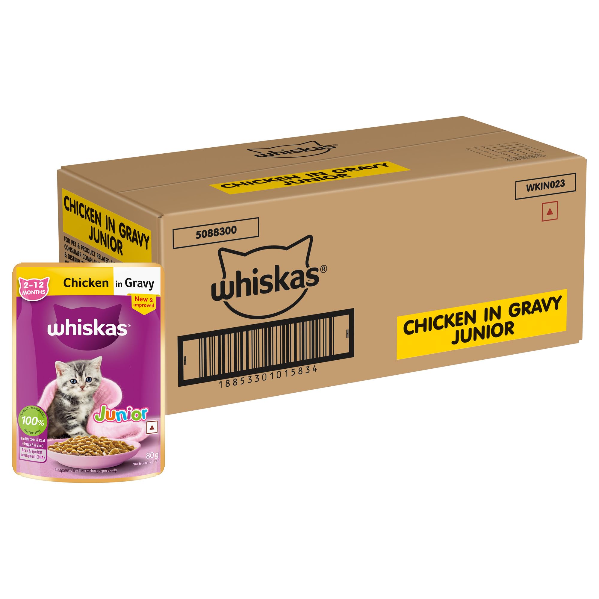 whiskasWet Food For Kittens (2-12 Months), Chicken In Gravy Flavour, 48 Pouches (48 X 85G), 1 Count