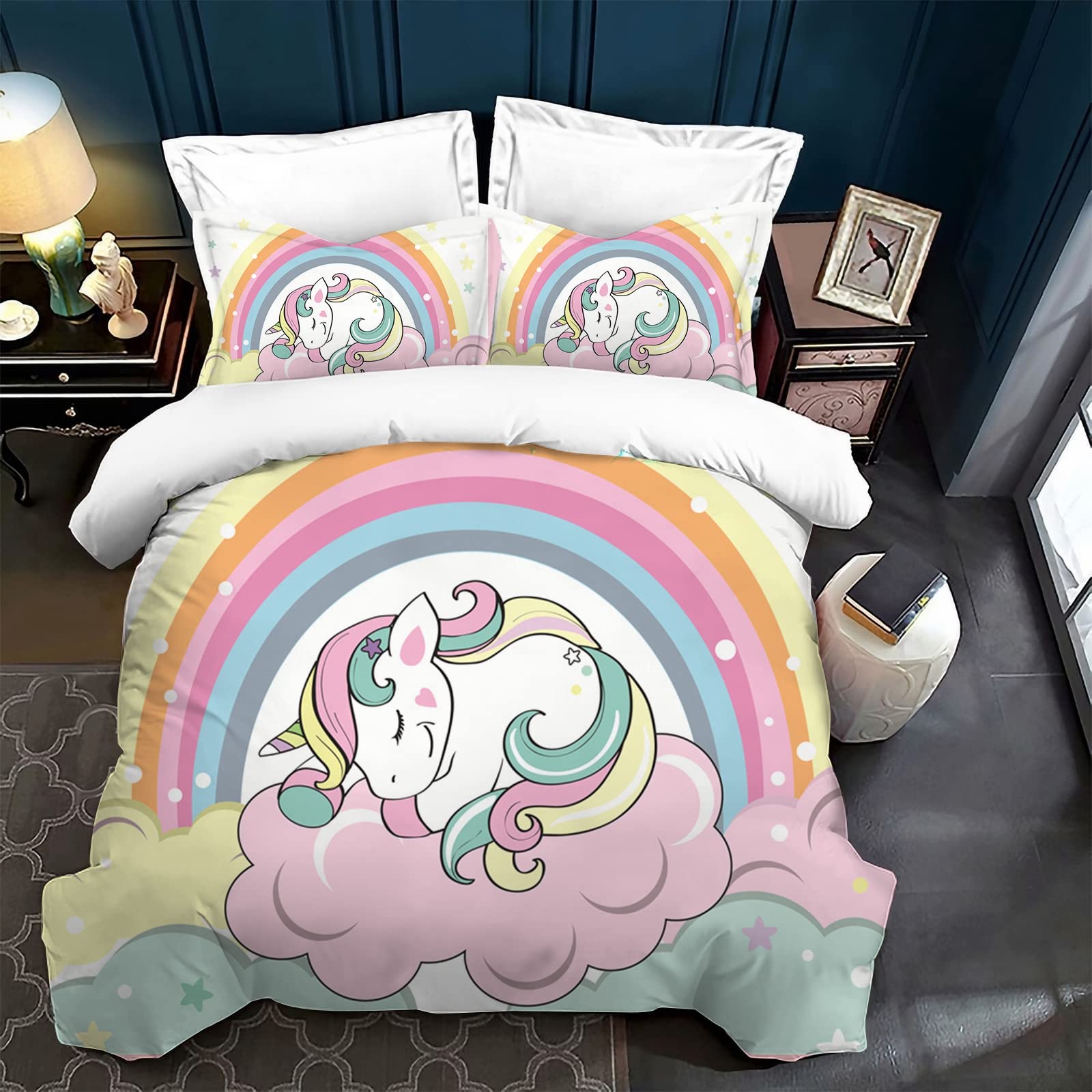 Parure de lit Licorne pour Enfant - avec Housse de Couette et 2 taies d'oreiller - Motif Licorne - en Microfibre Douce - avec Fermeture éclair 220X240cm