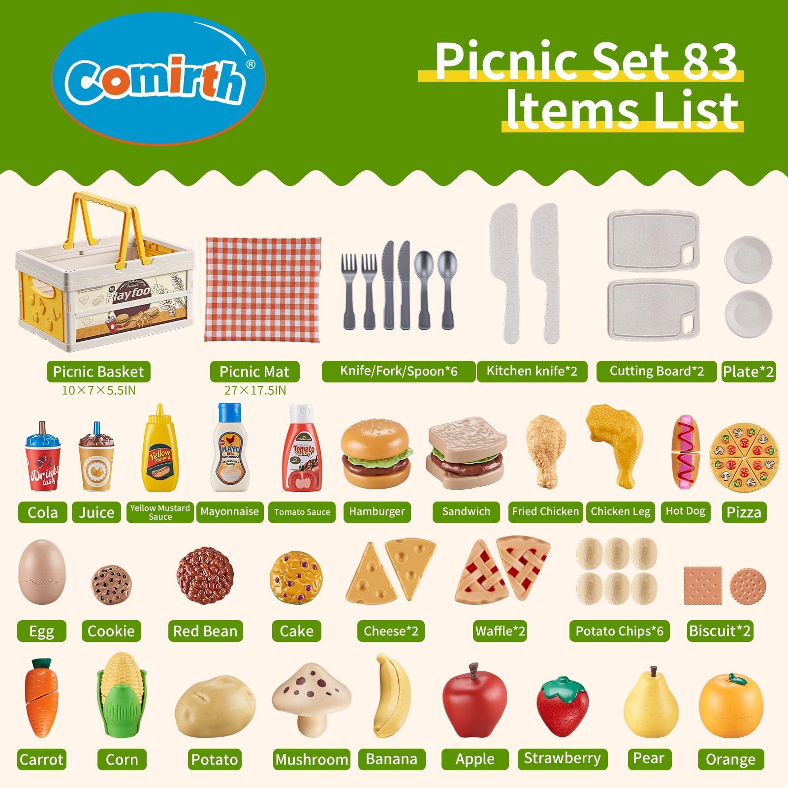83tlg Spiellebensmittel Set Weizenstroh – Kinderküche Zubehör mit Picknickkorb & Decke – Nachhaltiges Spielzeug Essen zum Schneiden mit Klett, Pizza & Obst – Geschenk für Kinder & Kleinkinder