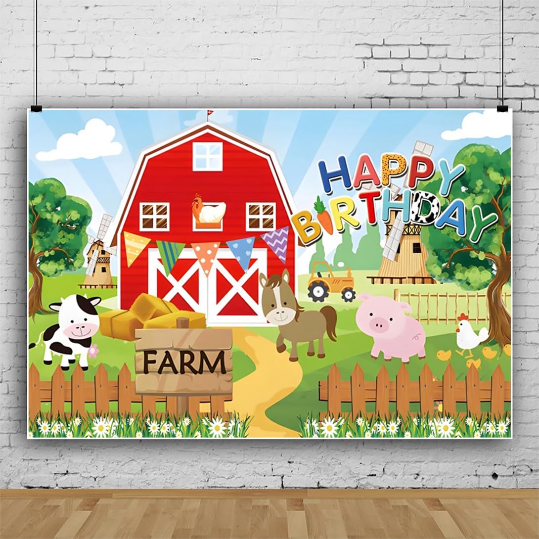 Bovlleetd Farm Backdrop Animal Happy Birthday Banner Cartoon Red Barn Photography Backdrop for Birthday Party Decorations 8x6ft — image 1