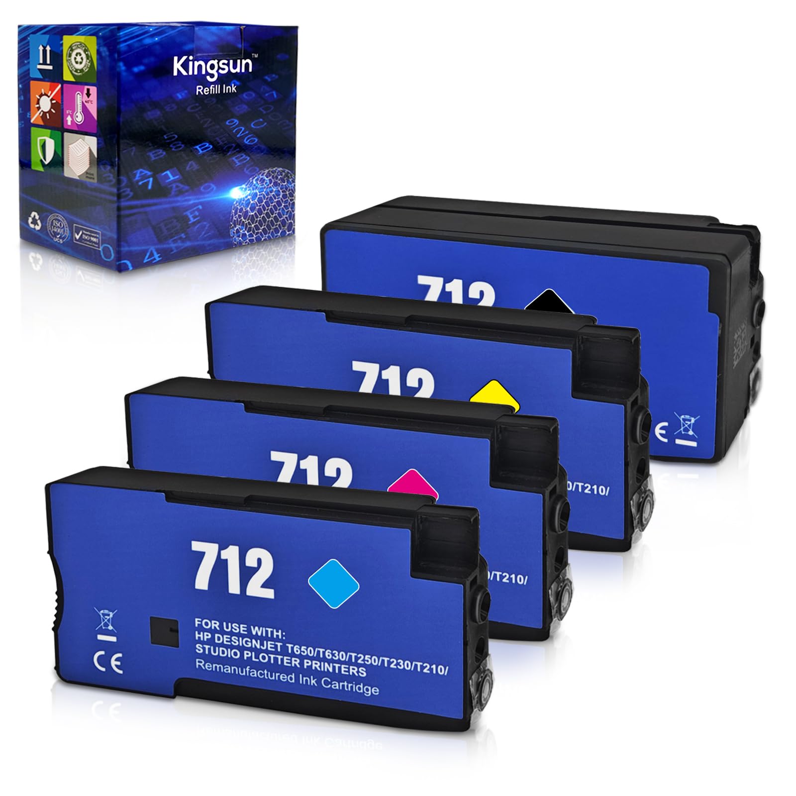 Remanufactured 712 Ink Cartridges Set Compatible with HPQ DesignJet T650 T630 T230 T210 (Black, Cyan, Magenta, Yellow)