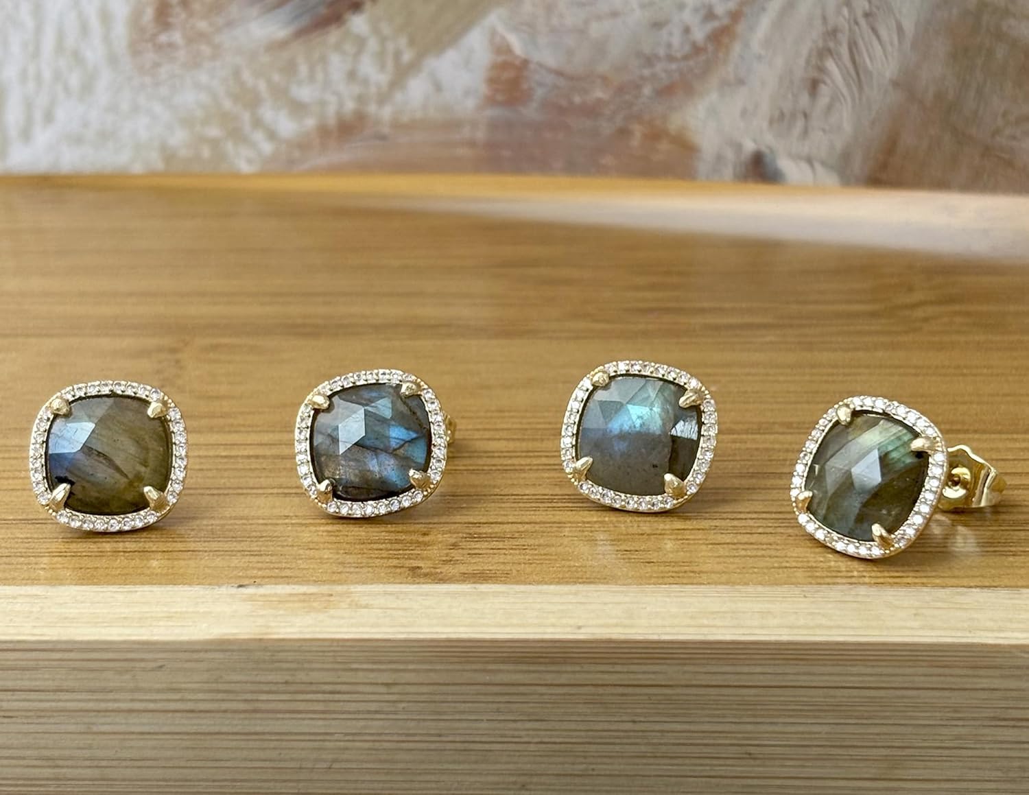 Labradorite Earrings, Gold Tone Prong Setting Natural Stone Handmade Earrings for Women - Image 3