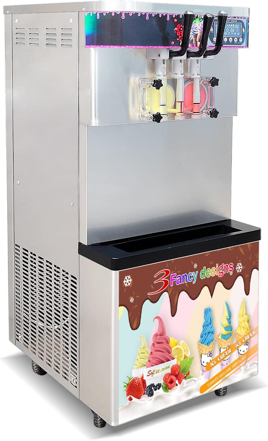 Kolice commercial high duty CE 3 flavors soft serve ice cream machine -2+1 mixed flavors, auto washing,auto counting,upper tanks refrigerated, transparent dispensers