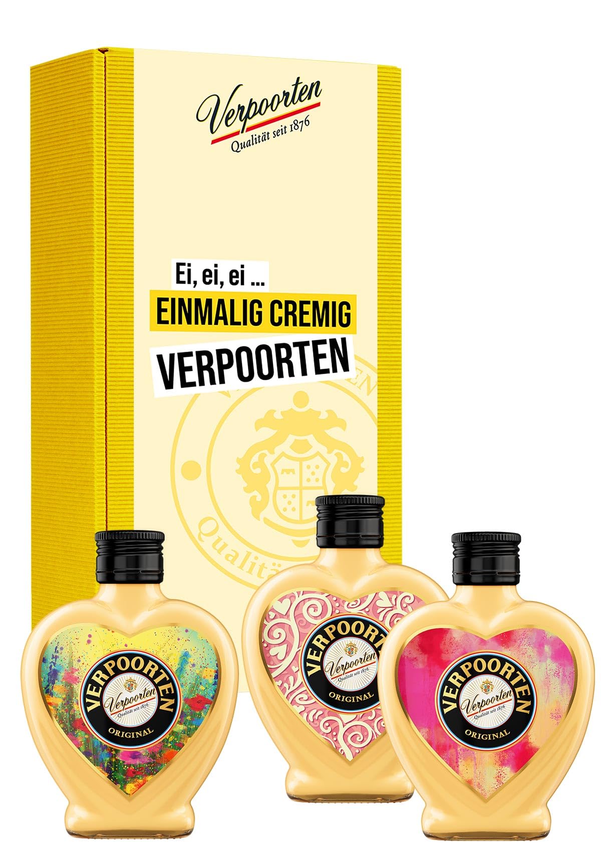 Geschenkset mit unseren 0,2 L Herzflaschen VERPOORTEN ORIGINAL Eierlikör 20%vol in den Motiven LOVE, RAINBOW und WILDFLOWERS