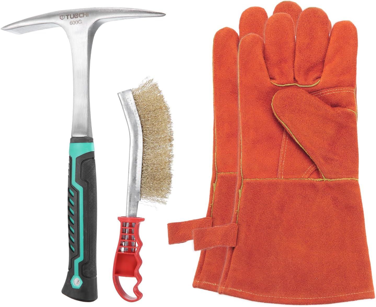 HARFINGTON 3pcs 28oz Welding Chipping Hammer with 9.8" Welding Steel Wire Brush and 14" Welding Gloves Slag Remove Tool Kit for Rock Pick, White