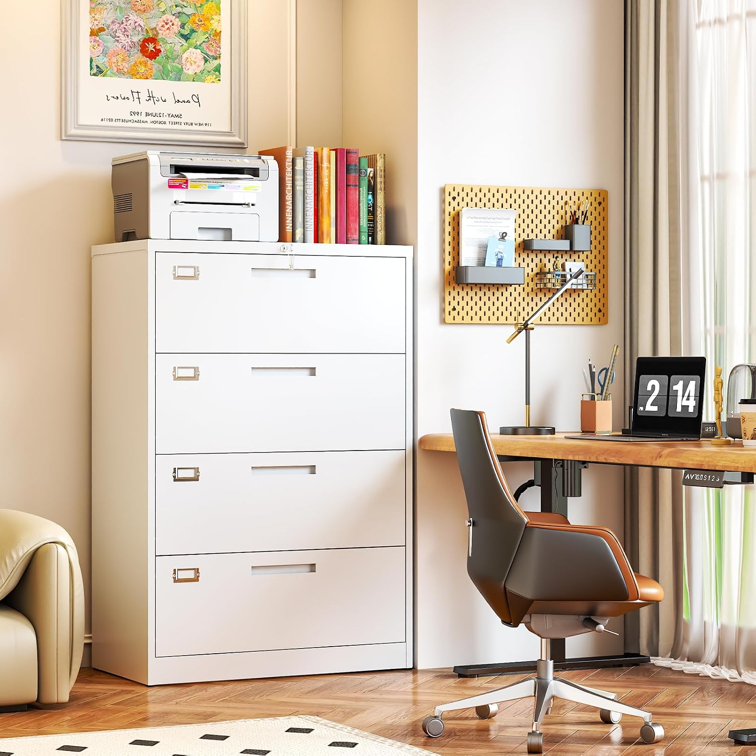 4 Drawer File Cabinet, Locking Lateral Filing Cabinet for Home Office, File Cabinets with Business Card Holder for Letter/Legal/F4/A4 Hanging Files