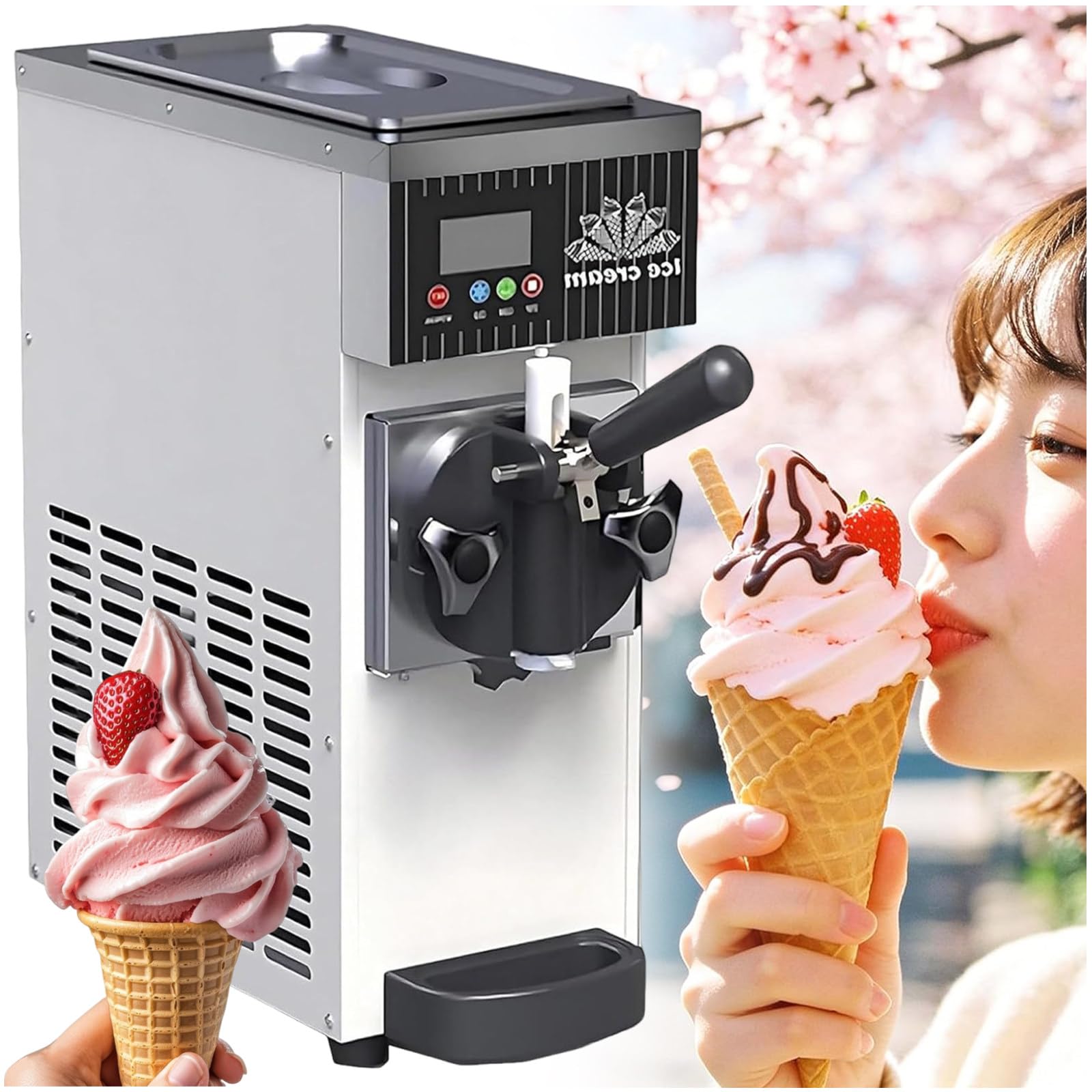 ZEEKYFOR Home Ice Cream Maker Machine with LCD Panel, Countertop Soft Serve Machine for Snack Restaurants Bars, Auto Clean 3.5L White