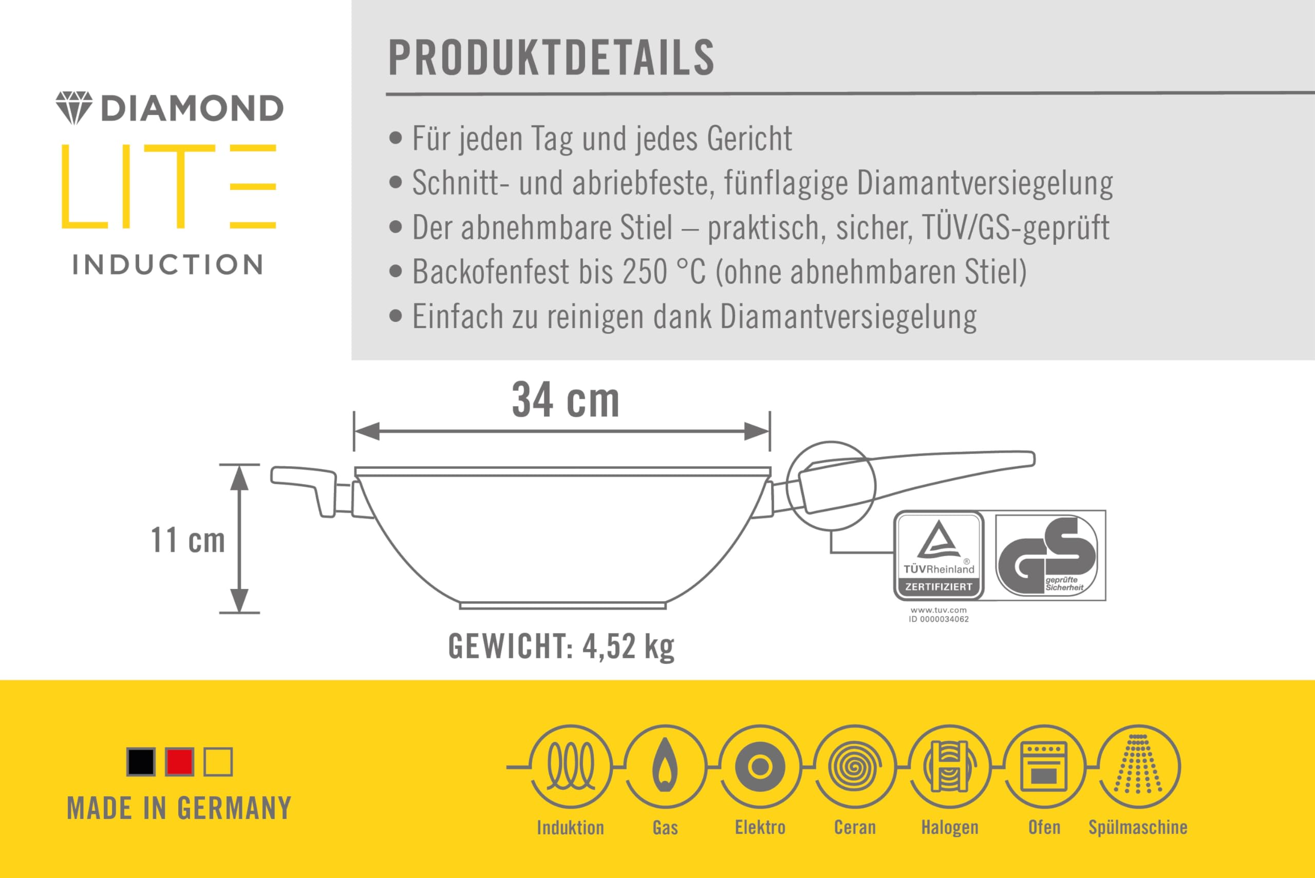 Woll Diamond Lite Wok- und Rührpfanne mit Deckel - Induktiv -, Ø 34 cm, 11 cm hoch - Geeignet für alle Herdarten, Aluminiumguss, Antihaft-Versiegelung, backofenfest, anthrazit