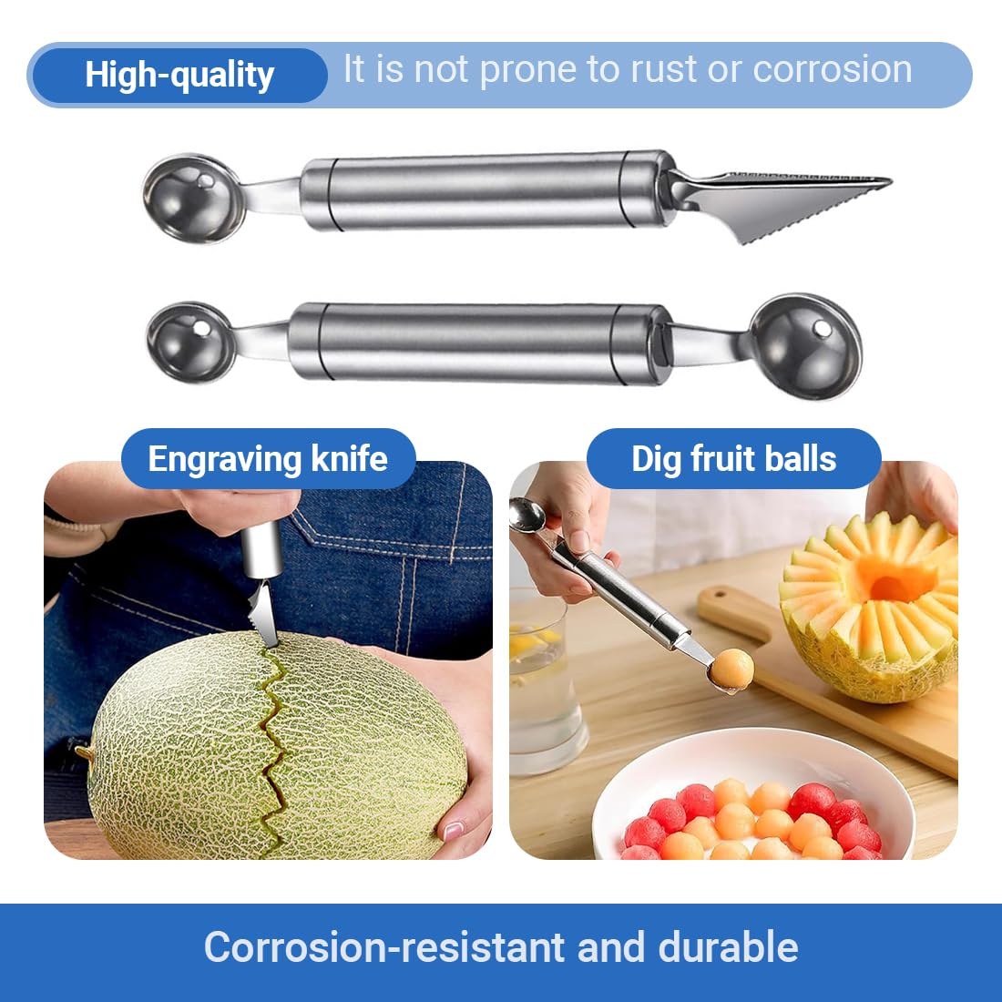 Cuillère de Melon en Acier Inoxydable 2 Pièces Outil à Découper les Fruits