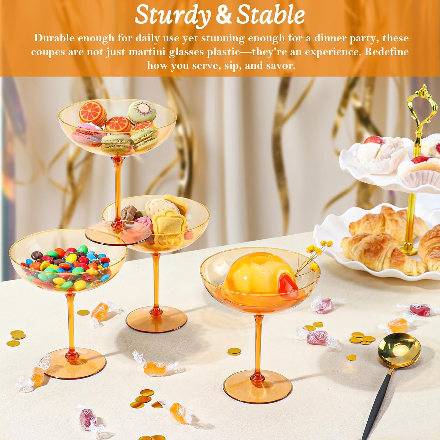 12 PCS Plastic Coupe Glasses 9 oz Amber Detachable Gold Rim Martini Glass Espresso Champagne Cocktail Cups Disposable Vintage Margarita Glassware for Fall Wedding Bridal Shower Party Thanksgiving - Image 5
