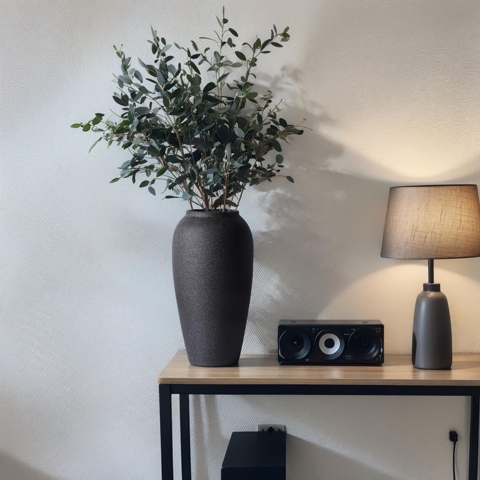 Jarrón de cerámica rústico – Jarrón grande de cerámica negra de 13.8 pulgadas para decoración del hogar, jarrón moderno de terracota para sala de estar, entrada, cocina, jarrones negros para centros